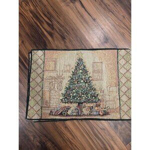 Vtg Christmas Tree Scene Woven Tapestry Placemat Presents Fireplace 11.5x18